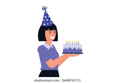 Flat vector illustration of a smiling woman in a party hat carrying a birthday cake with lit candles.