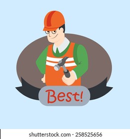 Flat vector illustration of smiling worker with hammer, man with glasses and text "Best!"