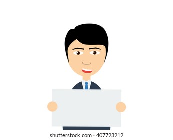 Flat vector illustration of a smiling young guy in business suit holding a empty white board on which your own text can be put on.