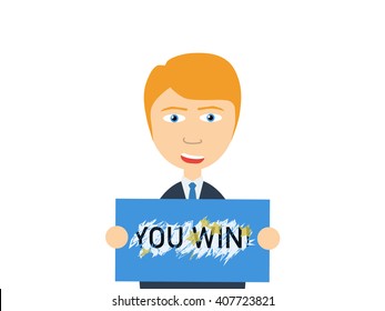 Flat vector illustration of a smiling young guy in business suit holding a winning lottery
