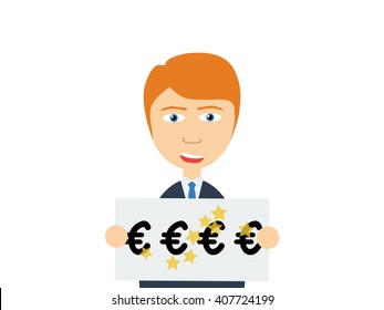 Flat vector illustration of a smiling young guy in business suits holding a winning lottery