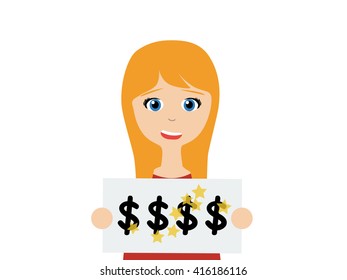 Flat vector illustration of a smiling young woman holding a winning lottery
