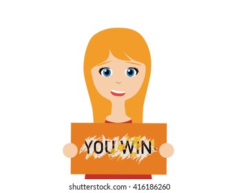 Flat vector illustration of a smiling young woman holding a winning lottery
