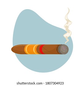 Flat vector illustration of a smoldering Cuban cigar with a label.