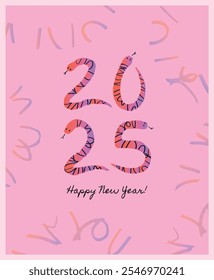 Flat vector illustration. Snake-shaped numbers 2025 forming festive composition. Decorative pink background with abstract shapes. Holiday theme. Suitable for New Year designs, greeting cards.