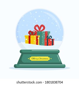 Flache Vektorgrafik: Schneeball mit Geschenken. Frohe Weihnachten und glückliches neues Jahr.