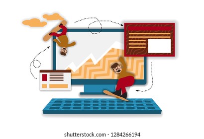 Flat vector illustration, snowboard and office computer with shadows, web graphic design - Vector