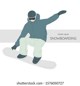 Flat vector illustration of snowboard. Winter sport and recreation. Snowboarding resort with young man.