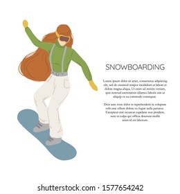 Flat vector illustration of snowboard. Winter sport and recreation. Snowboarding resort with young woman.