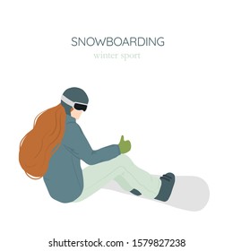 Flat vector illustration of snowboard. Winter sport and recreation. Snowboarding resort with young woman.