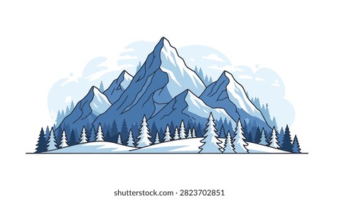 Flat vector illustration of snow-capped blue mountain peaks with evergreen pine forest at the base under a cloudy sky. Minimalist winter landscape design with crisp lines and white snow.