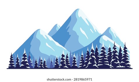 Flat vector illustration of snow-capped mountain peaks and a coniferous pine forest in winter. Frosty blue alpine landscape with layered minimalist design isolated on a white background.