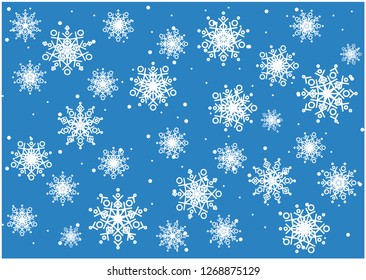 Flat vector illustration of snowflakes on blue background for new year and christmas cards,invitations, greetings, posters, prints, flyers, banners, wallpaper, seasonal design and decoration, web.