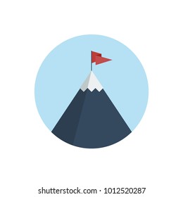 Flat vector illustration of snowy mountain with flag on top