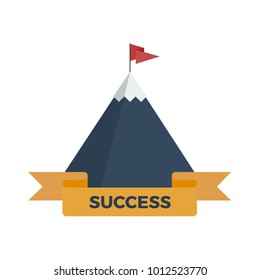 Flat vector illustration of snowy mountain with success ribbon and flag on top