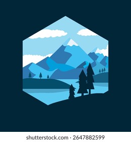 Flat Vector Illustration of Snowy Mountains, Forest Trees, and a Lake Under a Clear Blue Sky. A Calm Nature Scene Perfect for Posters, Wallpapers, or Travel Designs