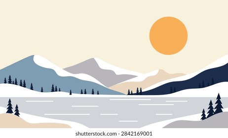Flat vector illustration of snowy peaks, a frozen lake, and pine trees under a large orange sun.