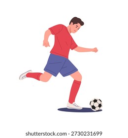 Flat vector illustration of a soccer player performing dribbling and kicking. Dynamic cartoon character showing football skills, movement, and sport activity. Suitable for football training concepts, sports education, match promotion, infographics, websites, mobile apps, posters, and marketing designs.
