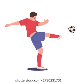 Ilustração de vetor plano de um jogador de futebol realizando drible e chute. Personagem de desenho animado dinâmico mostrando habilidades de futebol, movimento e atividade esportiva. Adequado para conceitos de treinamento de futebol, educação esportiva, promoção de jogos, infográficos, sites, aplicativos móveis, cartazes e projetos de marketing.