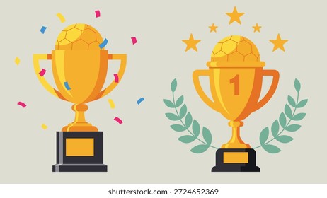 Ilustración vectorial plana de copas de trofeo de fútbol que celebra la victoria del campeonato y el logro del primer lugar con copas doradas, estrellas, hojas de laurel y confeti, aislados sobre fondo claro