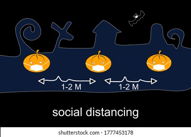 flat vector illustration, vector of social distancing in halloween day, Pumpkin wearing a mask And keep a distance Is a measure to prevent the spread of Covid 19 on Halloween. 