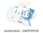 Flat vector illustration of social media analytics. Dashboard with likes, followers, and engagement stats represents digital marketing metrics, social listening, and content performance tracking.
