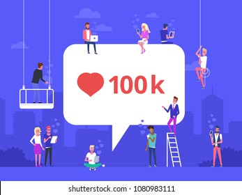 Flat vector illustration of social media bubble with red heart symbol. Young people using mobile gadgets such as laptop, tablet pc and smartphone for networking and collecting likes and comments.