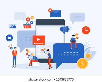 flat Vector illustration social media  and digital marketing  online connection concept with business people character use mobile  concept 