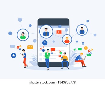 flat Vector illustration social media  and digital marketing  online connection concept with business people character use mobile  concept 