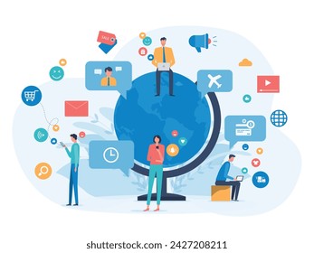 Ilustración vectorial plana conexión a redes sociales. marketing digital en línea. tecnología de negocios comercio electrónico global. con personajes de personas utilizan el teléfono móvil para el concepto de trabajo