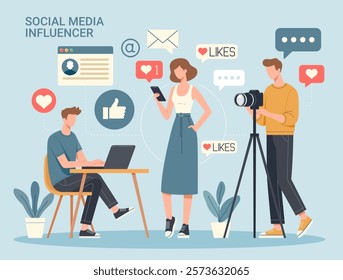 Flat vector illustration of a social media influencer team creating content, featuring a woman with a phone, a photographer, and a man working on a laptop, surrounded by social media icons.