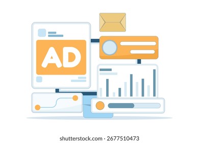 Ilustración vectorial plana del concepto de análisis de redes sociales. Monitorización del rendimiento post, seguimiento de engagement, análisis de campañas publicitarias, gráficos e informes gráficos para la estrategia de marketing digital.