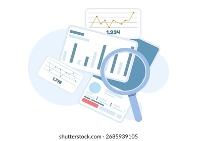 Ilustración vectorial plana de análisis de redes sociales. El panel con likes, seguidores y Estadísticas de interacción representa métricas de marketing digital, escucha social y seguimiento del rendimiento del contenido.