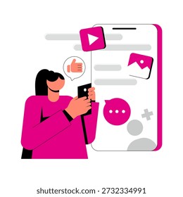 Ilustración vectorial plana de la adicción o el uso de redes sociales, la participación del usuario y el concepto de comunicación en línea
