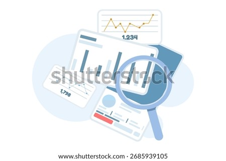 Flat vector illustration of social media analytics. Dashboard with likes, followers, and engagement stats represents digital marketing metrics, social listening, and content performance tracking.