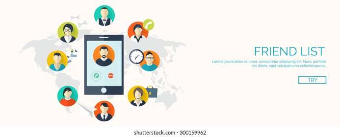 Flat vector illustration. Social network and smartphone, Friends list. Communication and chatting. Sms.