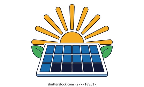Flat vector illustration of a solar panel with a sunburst and green leaves, representing renewable energy and sustainability.