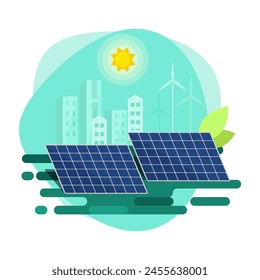 Flat vector Illustration of Solar panels, wind turbines.