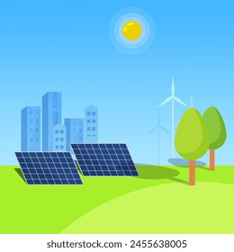 Flat vector Illustration of Solar panels, wind turbines.