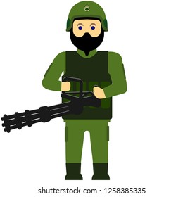 Flat vector illustration of a soldier with a gun on white background.