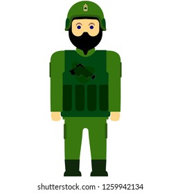 Flat vector illustration of a soldier with a gun on white background.