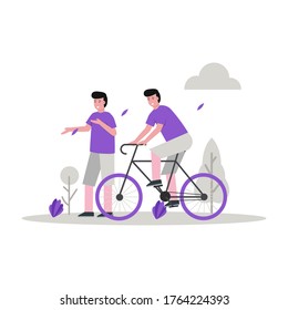 Ilustración vectorial plana de alguien en bicicleta en el parque por la mañana con su amigo para la página de aterrizaje, ui, aplicación móvil y sitio web