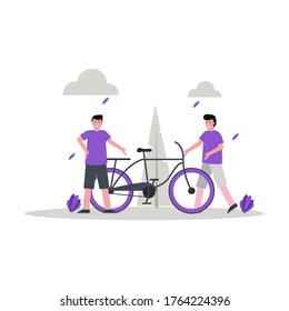 Ilustración vectorial plana de alguien en bicicleta en el parque por la mañana con su amigo para la página de aterrizaje, ui, aplicación móvil y sitio web