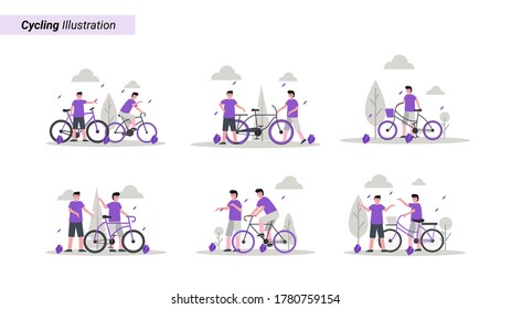 Flat vector illustration of someone biking in the park in the morning with his friend for landing page, ui, mobile app and website