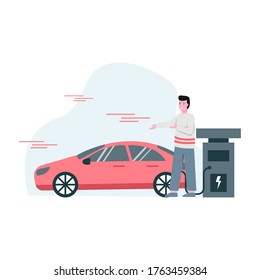 Flat vector illustration of someone is charging an electric car that is environmentally friendly landing page, ui, mobile app and website