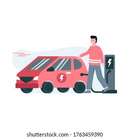 Flat vector illustration of someone is charging an electric car that is environmentally friendly landing page, ui, mobile app and website
