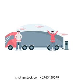 Flat vector illustration of someone is charging an electric car that is environmentally friendly landing page, ui, mobile app and website