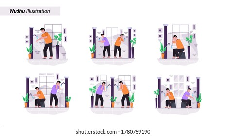 Flat vector illustration of someone does ablution, washing hands, rinsing, washing face, ears, and feet for landing page, ui, mobile app and website