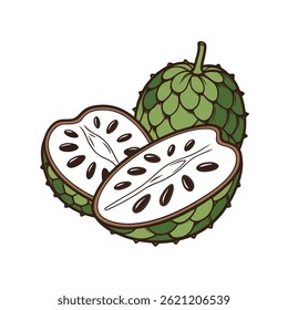 Flache Vektorgrafik von Sauerteigfrüchten. Enthält eine ganze und in Scheiben geschnittene Frucht, einzeln auf weiß. Braune Umrisse und grüne Farben.
