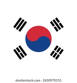 Illustration vectorielle plate du drapeau national sud-coréen (Taegeukgi) avec des trigrammes précis et un cercle rouge-bleu centré. Design minimaliste et épuré en haute résolution sur fond blanc.